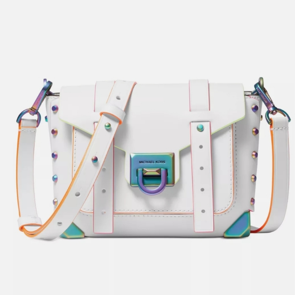 MICHAEL KORS MANHATTAN OPTIC WHITE NEON SMALL CROSSBODY BAG